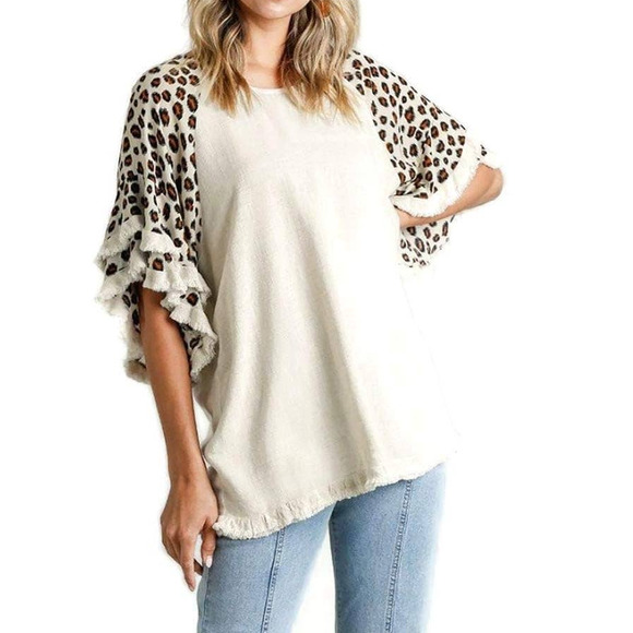 Umgee Linen Blend Top LARGE White Leopard Print Fringe Oversized Crewneck Animal - Picture 1 of 8